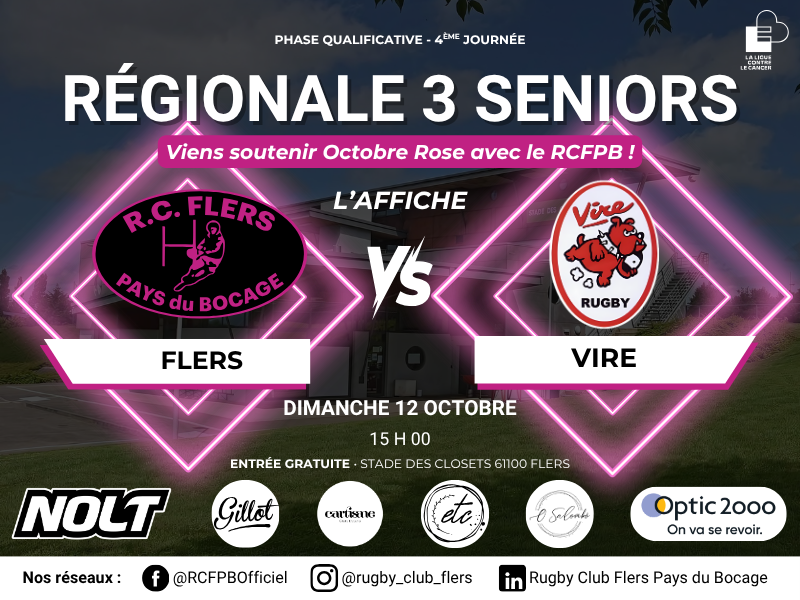 Rugby : Flers – Vire / Soutenez Octobre Rose avec le RCFPB